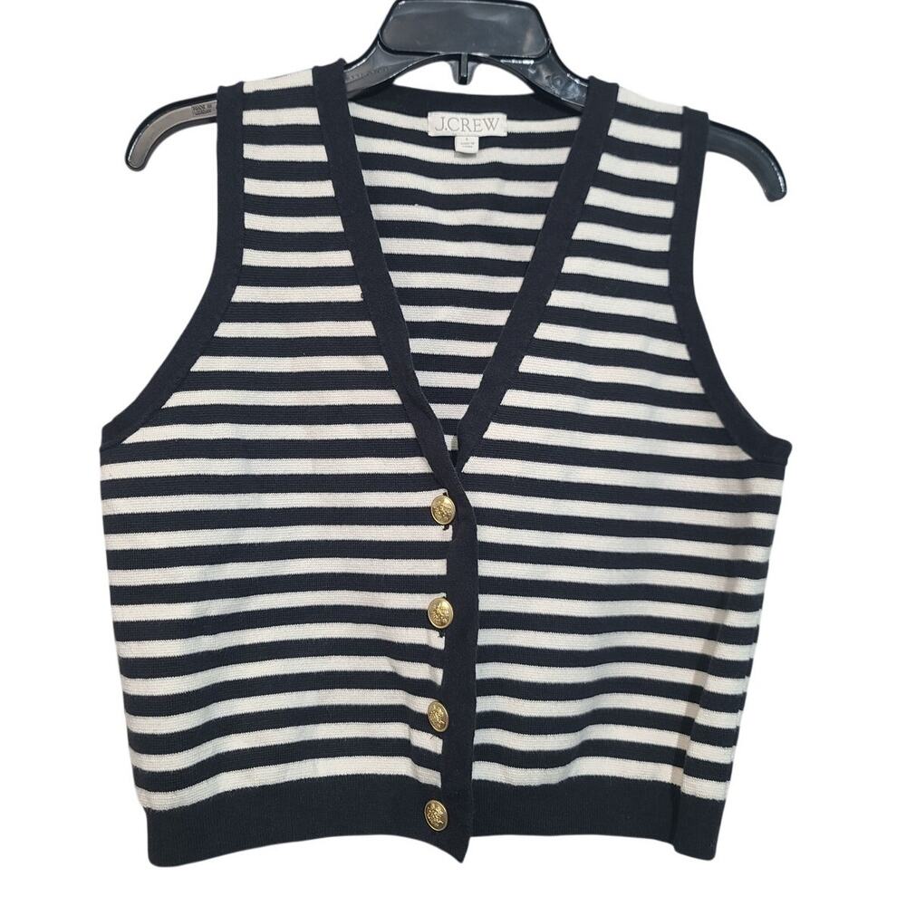 J.Crew Emilie Ribbed V-Neck Sweater Vest Black Stripe Gold Buttons Large GUC - Picture 1 of 4